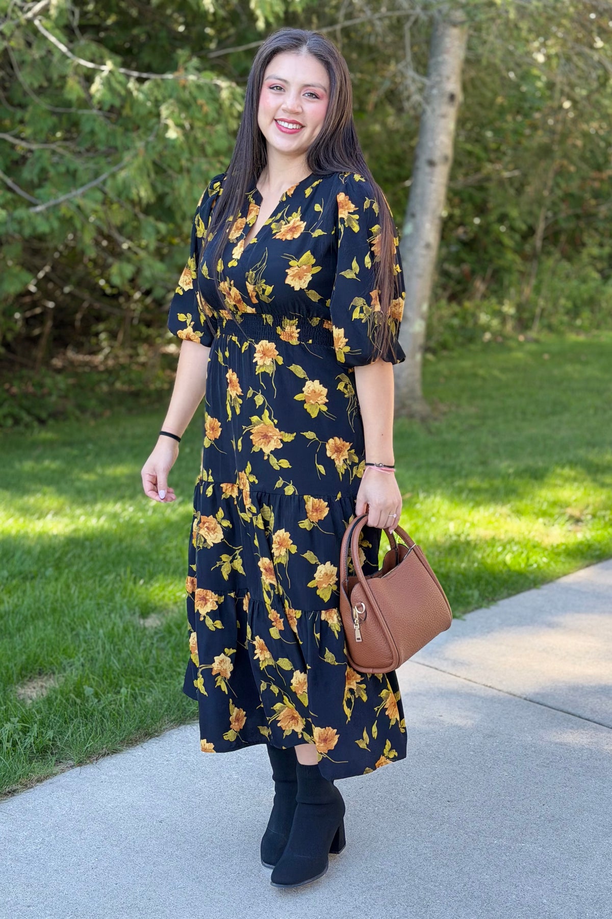 Tiered Floral Midi Dress - Black