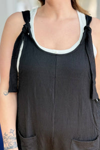 Textured Overall with Shoulder Tie - Black