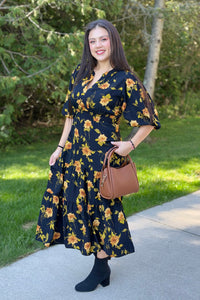 Tiered Floral Midi Dress - Black