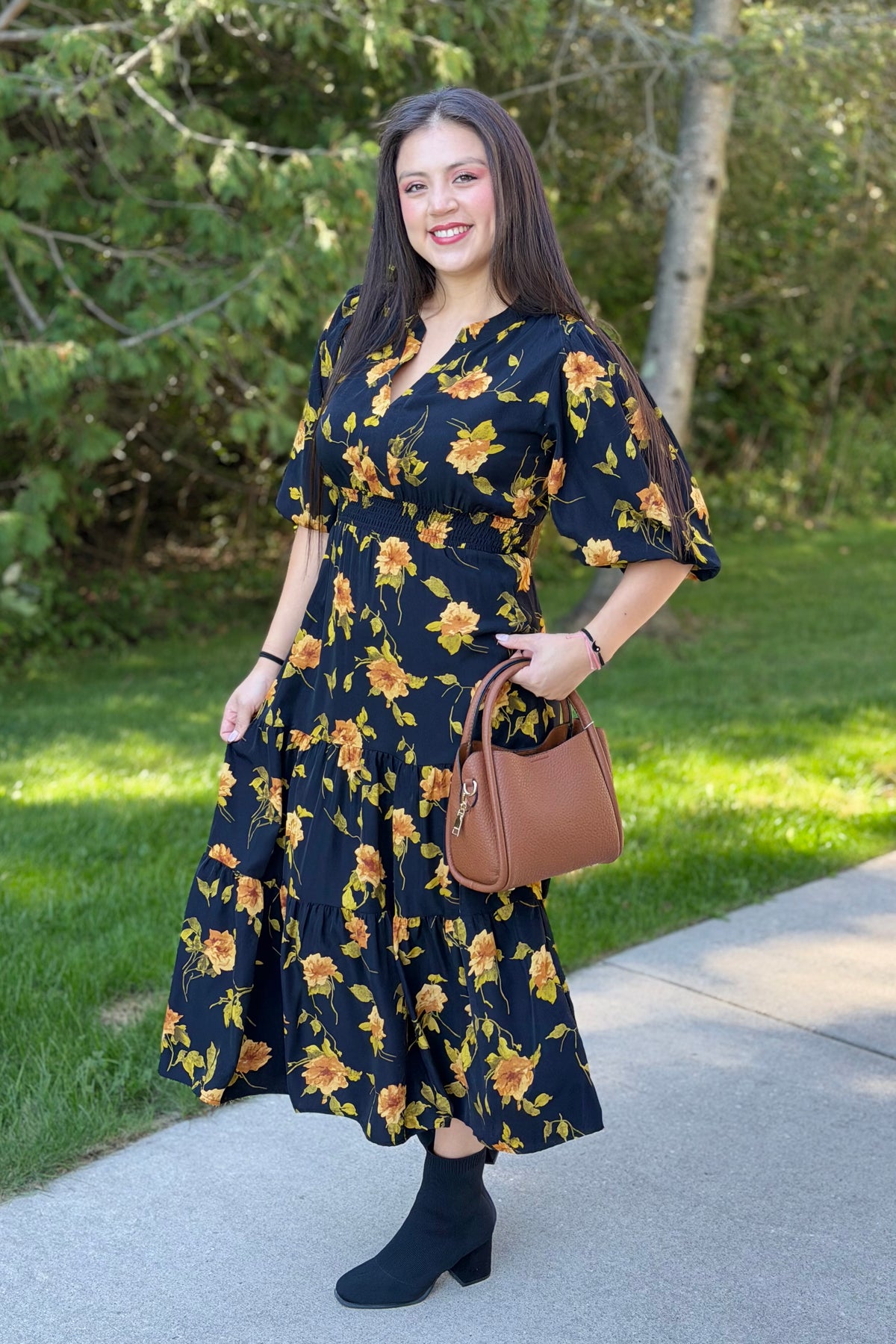Tiered Floral Midi Dress - Black