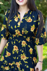 Tiered Floral Midi Dress - Black