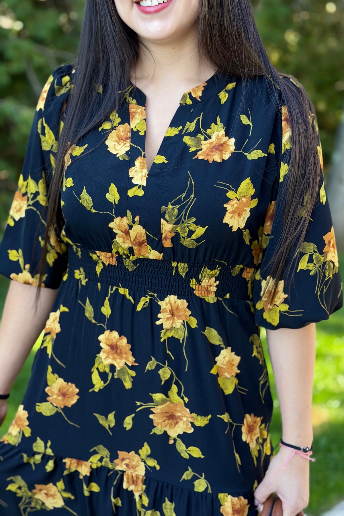 Tiered Floral Midi Dress - Black