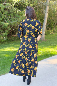 Tiered Floral Midi Dress - Black