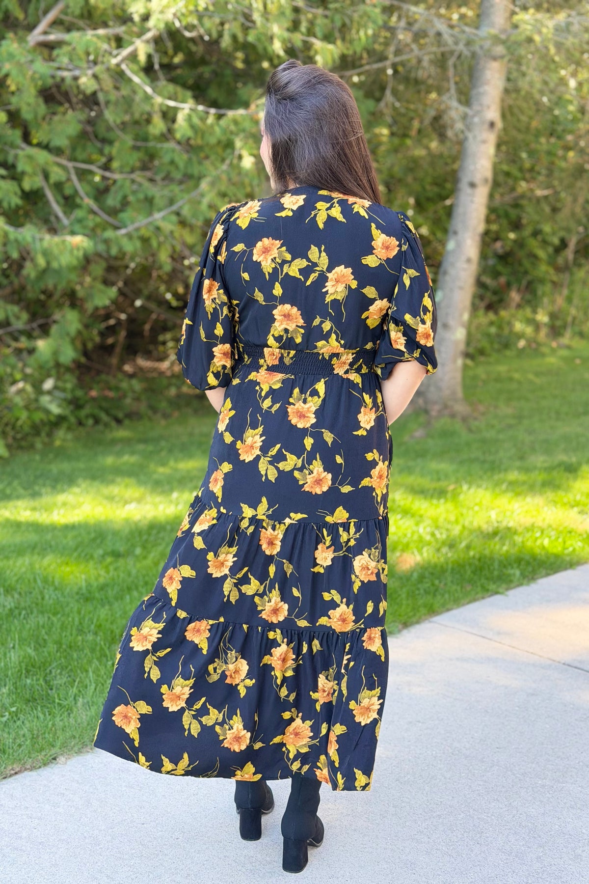 Tiered Floral Midi Dress - Black
