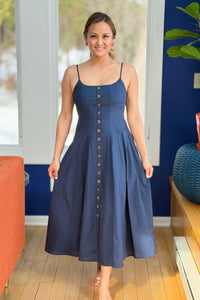 Strap Faux Button Down Dress - Navy