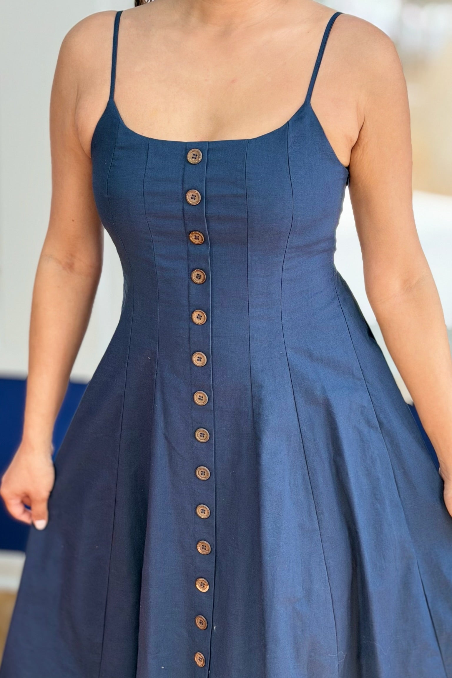 Strap Faux Button Down Dress - Navy