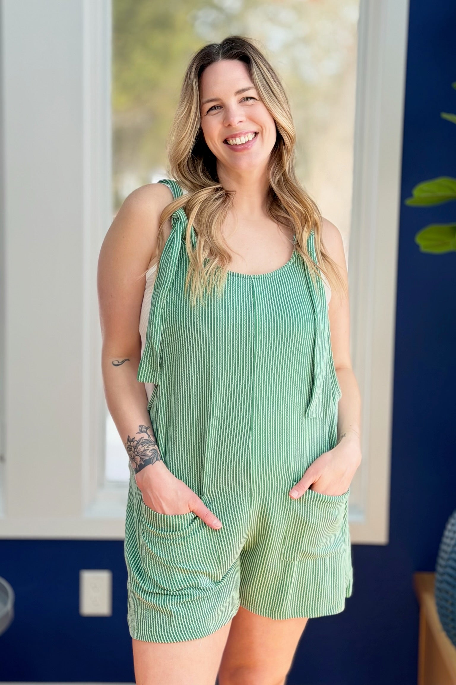 Textured Overall with Shoulder Tie - Green