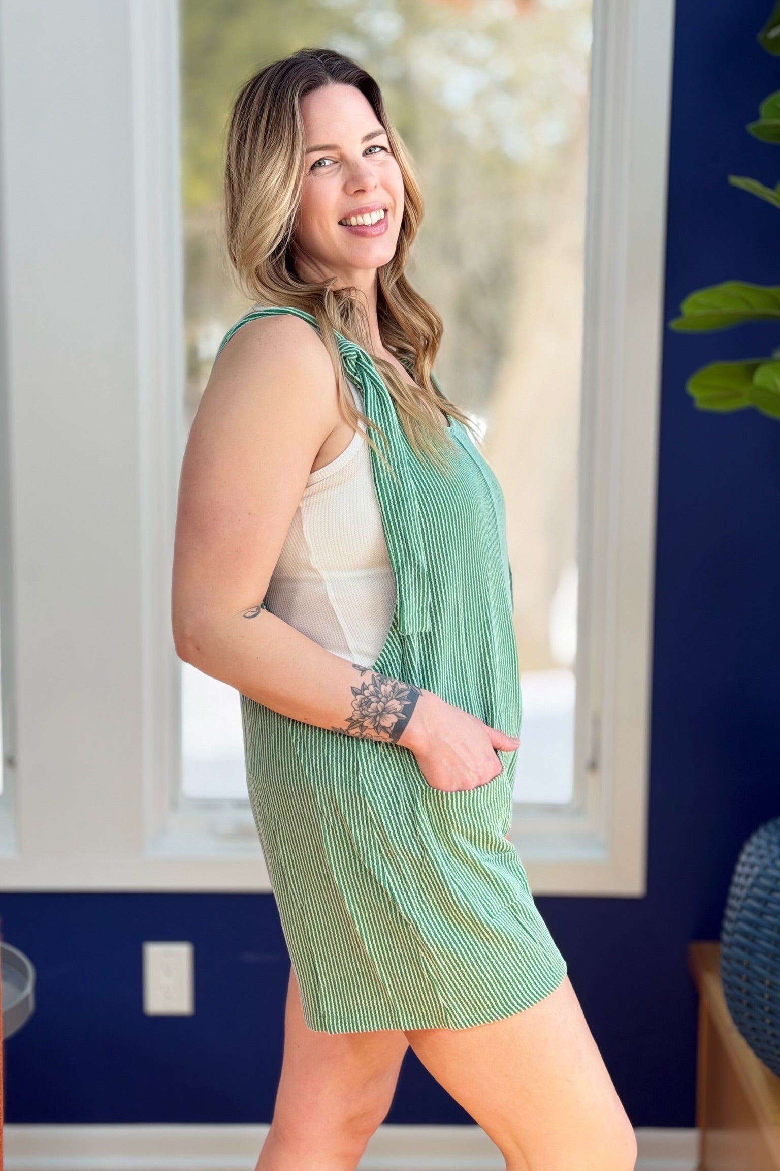 Textured Overall with Shoulder Tie - Green