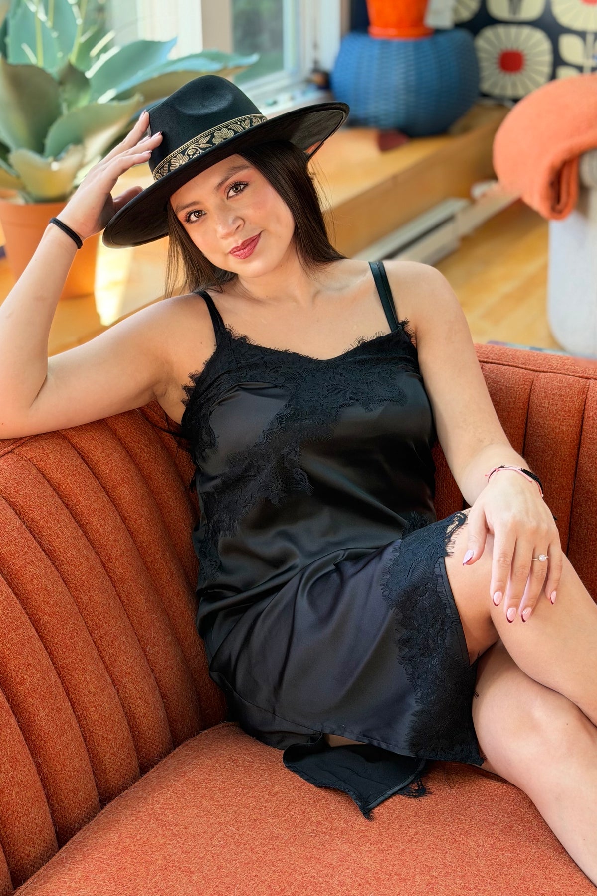 Satin Lace Asymmetric Dress - Black