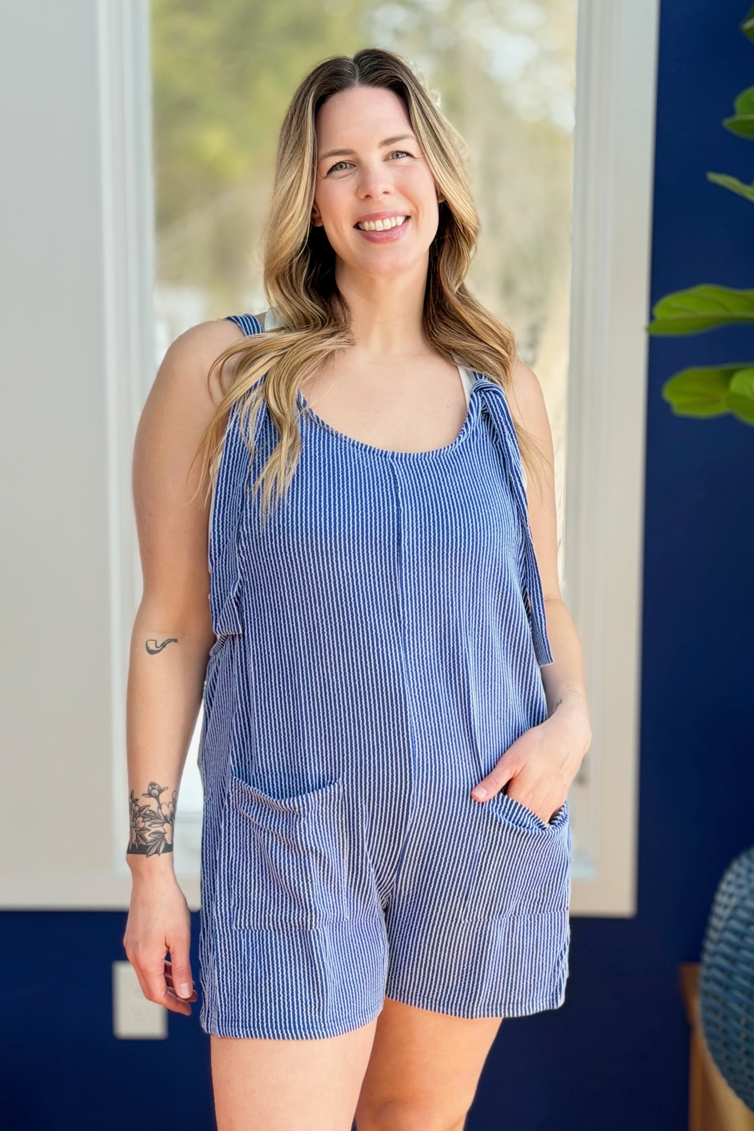 Textured Overall with Shoulder Tie - Navy