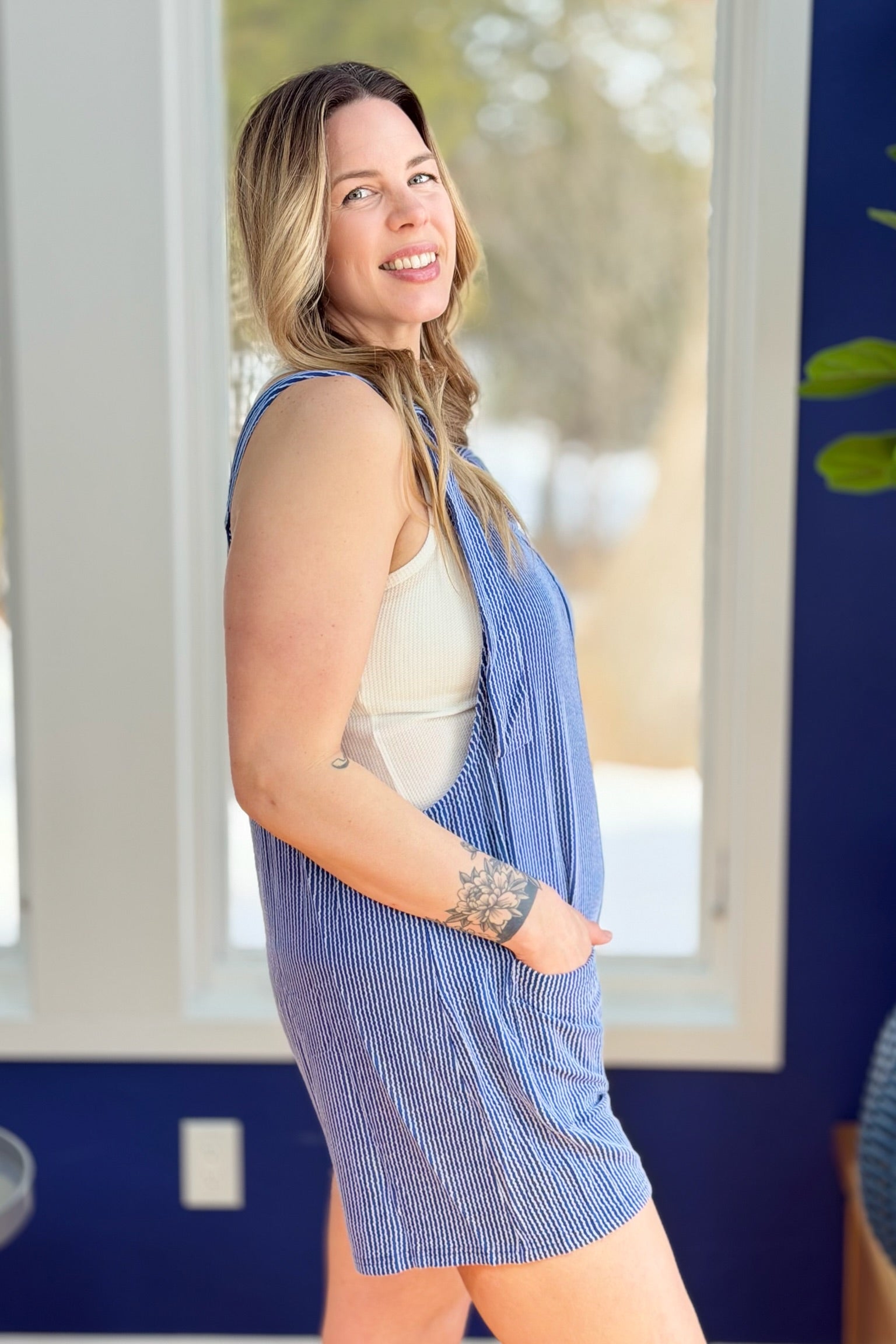 Textured Overall with Shoulder Tie - Navy