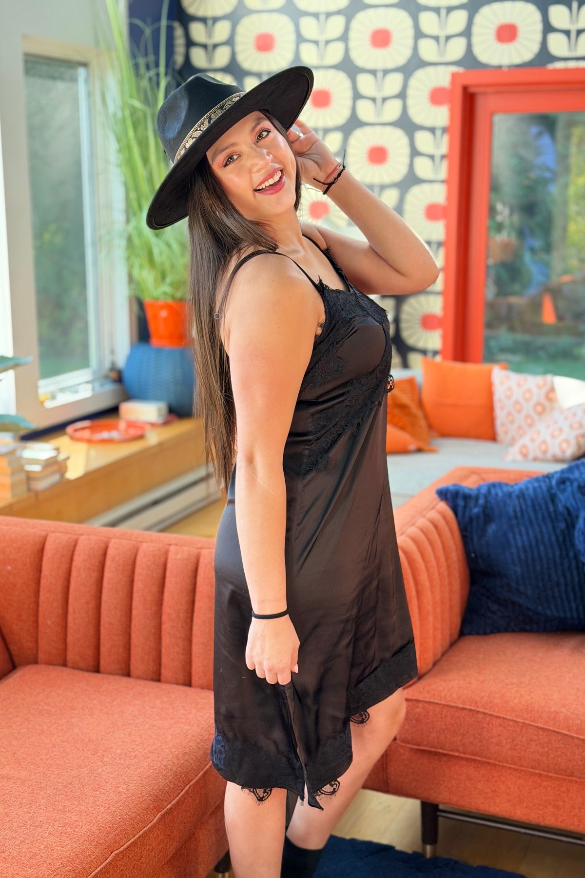 Satin Lace Asymmetric Dress - Black