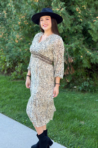 V-Neck 3/4 Sleeve Midi Dress - Brown