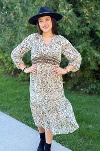 V-Neck 3/4 Sleeve Midi Dress - Brown