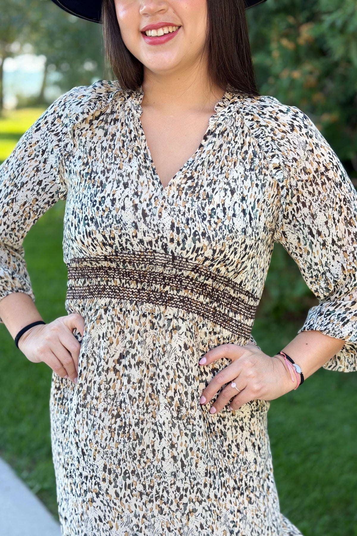 V-Neck 3/4 Sleeve Midi Dress - Brown