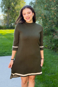 Mock Neck Contrast Trim Sweater Dress - Olive
