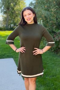Mock Neck Contrast Trim Sweater Dress - Olive