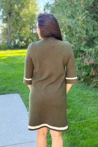 Mock Neck Contrast Trim Sweater Dress - Olive