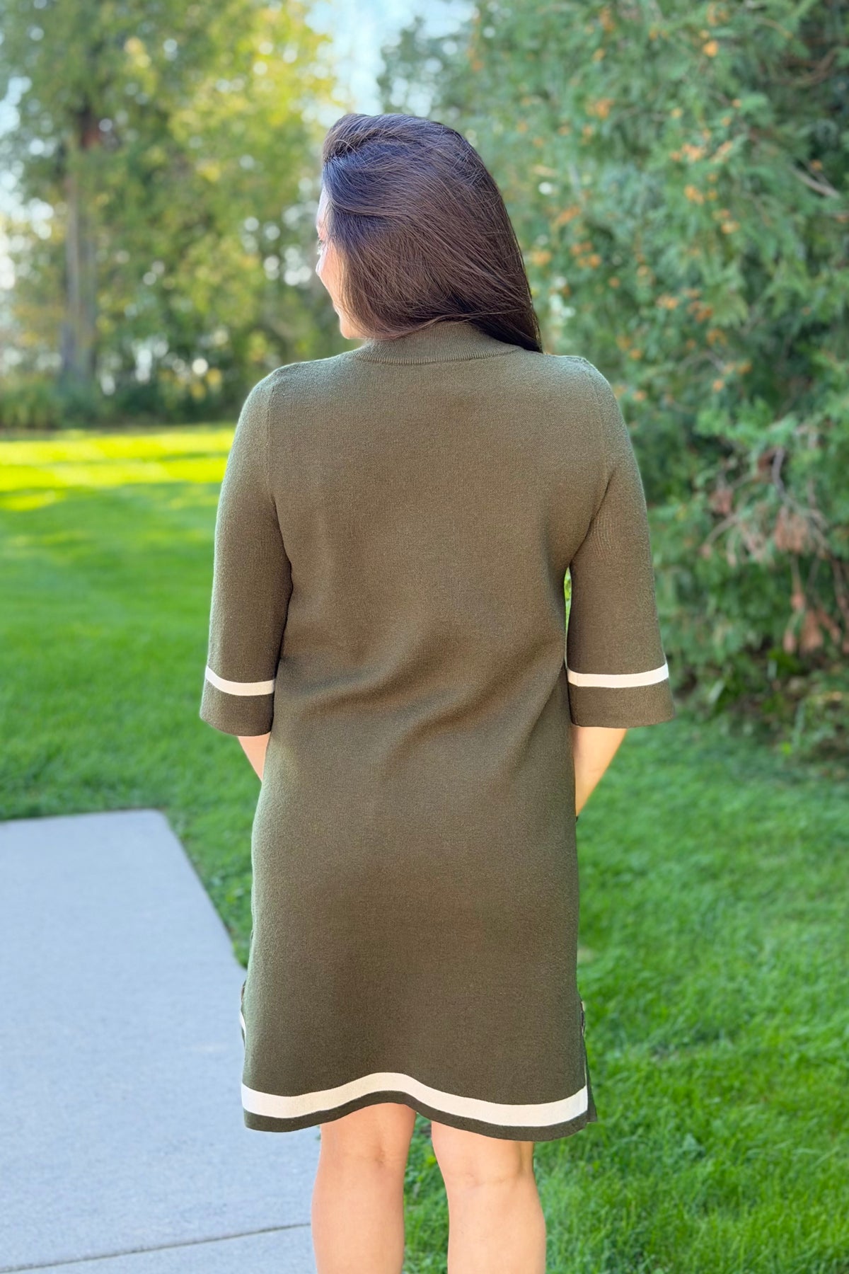 Mock Neck Contrast Trim Sweater Dress - Olive