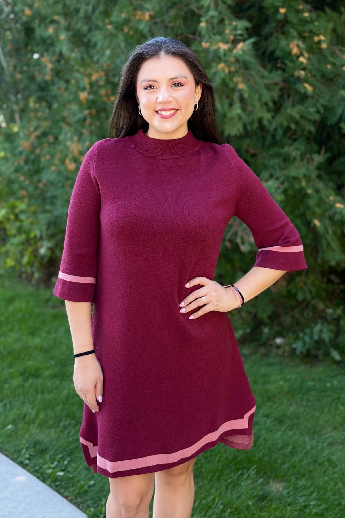 Mock Neck Contrast Trim Sweater Dress - Burgundy