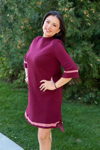 Mock Neck Contrast Trim Sweater Dress - Burgundy