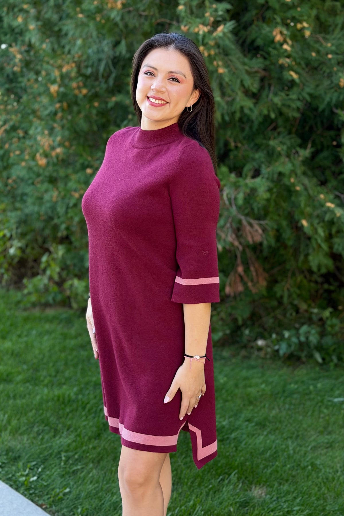 Mock Neck Contrast Trim Sweater Dress - Burgundy