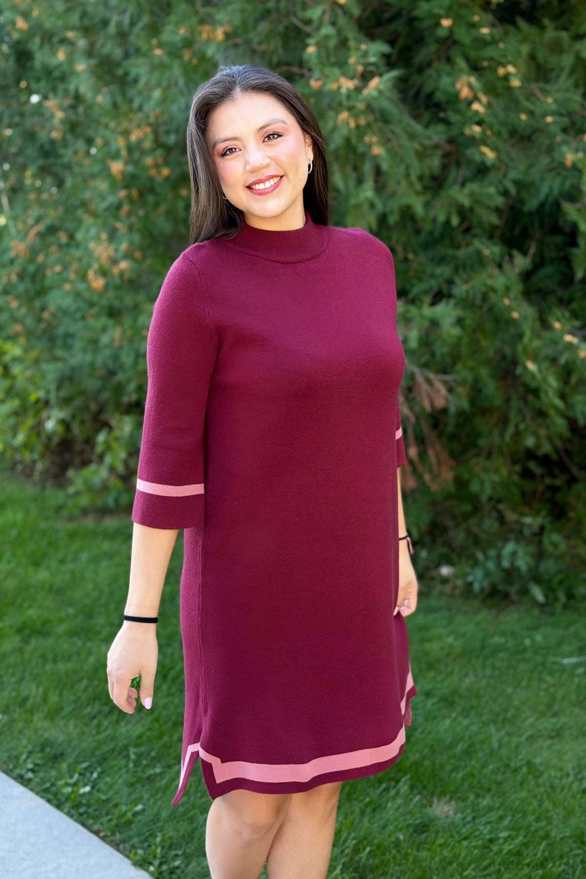 Mock Neck Contrast Trim Sweater Dress - Burgundy