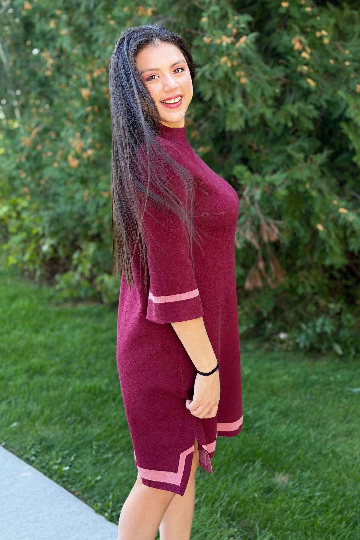 Mock Neck Contrast Trim Sweater Dress - Burgundy