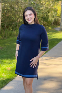 Mock Neck Contrast Trim Sweater Dress - Navy