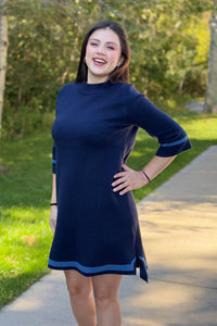Mock Neck Contrast Trim Sweater Dress - Navy