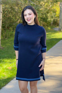 Mock Neck Contrast Trim Sweater Dress - Navy