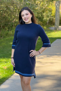 Mock Neck Contrast Trim Sweater Dress - Navy