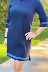 Mock Neck Contrast Trim Sweater Dress - Navy