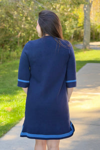 Mock Neck Contrast Trim Sweater Dress - Navy