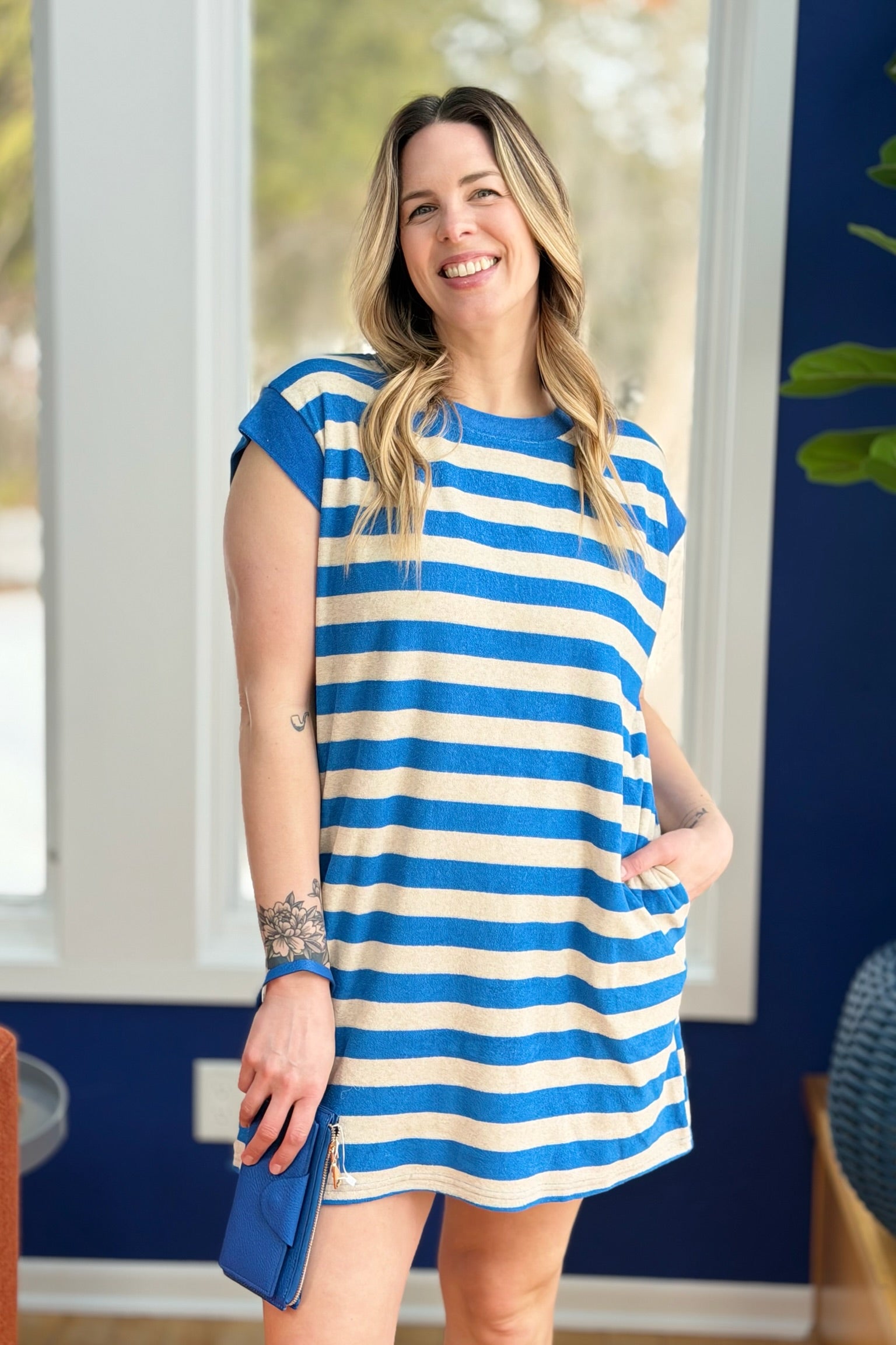 Sleeveless Striped Terry Dress - Cobalt Blue Short Casual Basic Cover Up Spot Sleeveless Striped Terry Dress - Cobalt Blue Short Casual Basic Cover Up Spot