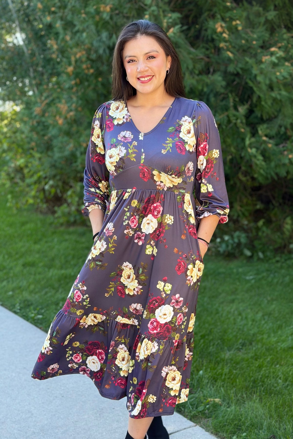 Vintage Floral Ruffle Midi Dress