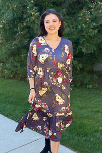 Vintage Floral Ruffle Midi Dress