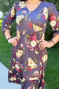Vintage Floral Ruffle Midi Dress