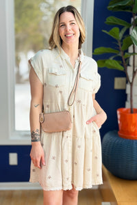 Ribbon Embroidered Shirt Dress - Oatmeal
