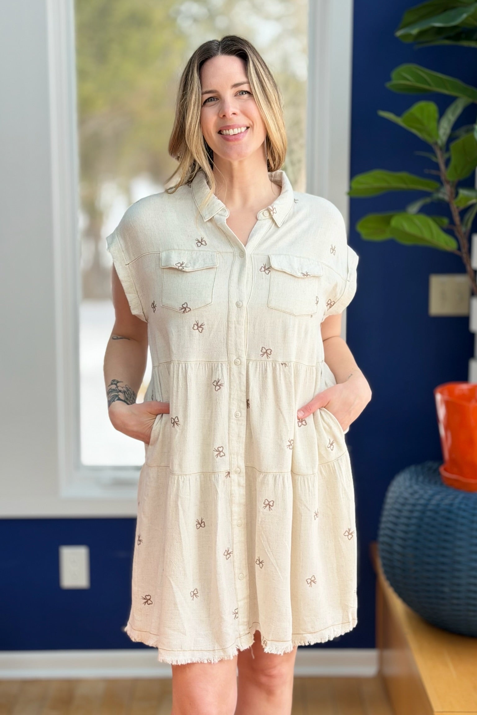 Ribbon Embroidered Shirt Dress - Oatmeal