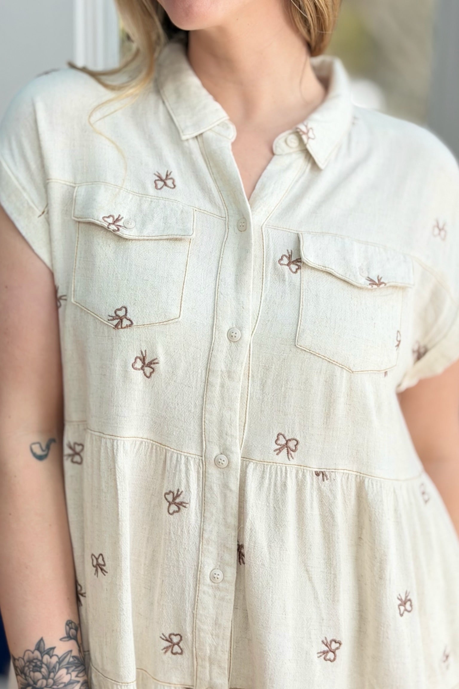 Ribbon Embroidered Shirt Dress - Oatmeal