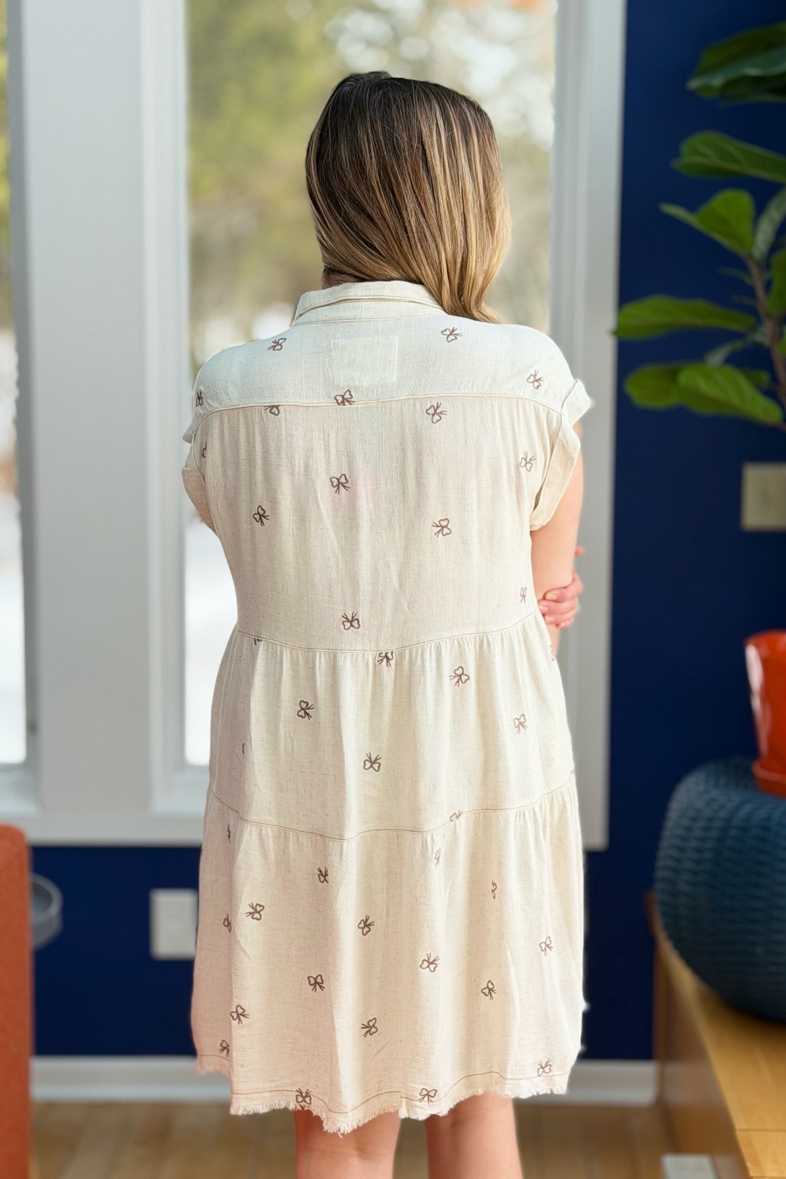 Ribbon Embroidered Shirt Dress - Oatmeal