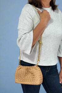 Small Woven Crossbody Bag W/Chain Strap - Tan