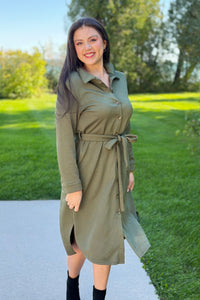 Textured Button Down Shirt Dress - Olive