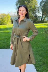Textured Button Down Shirt Dress - Olive