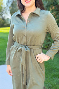 Textured Button Down Shirt Dress - Olive