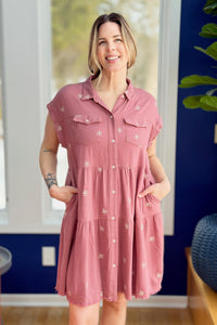 Ribbon Embroidered Shirt Dress - Rose