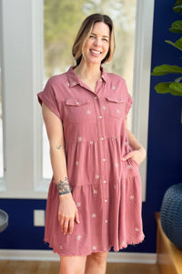 Ribbon Embroidered Shirt Dress - Rose
