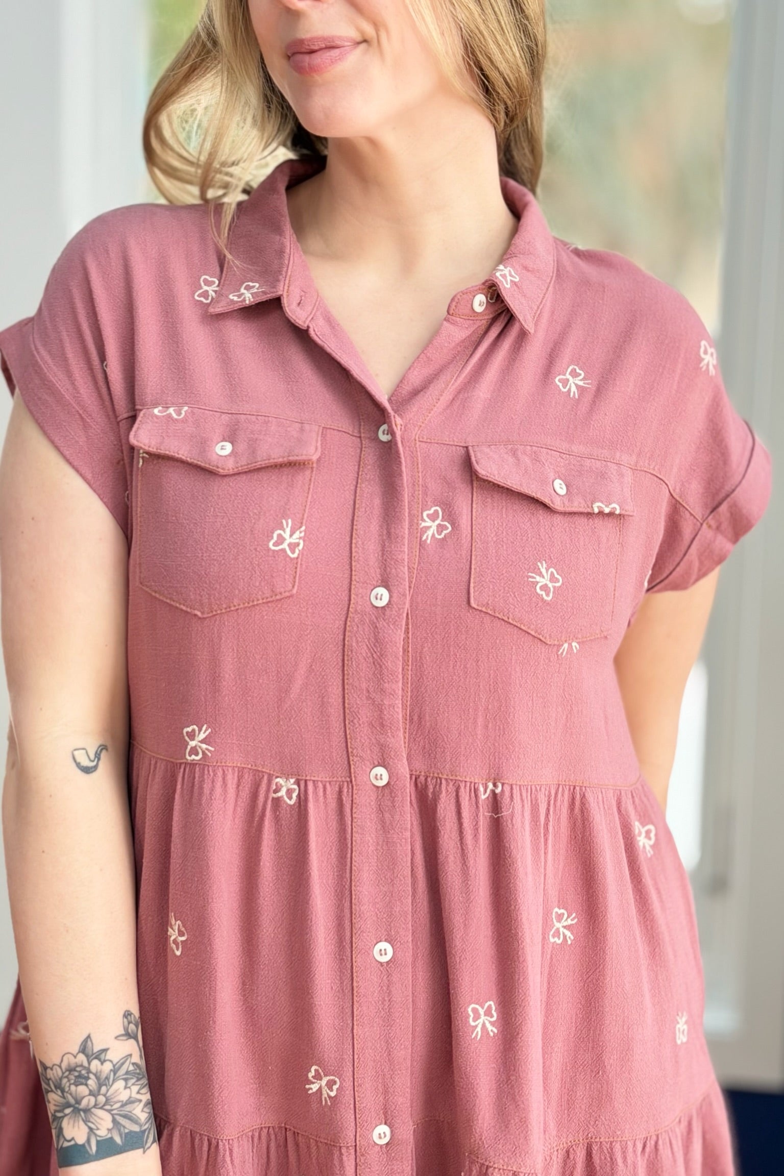 Ribbon Embroidered Shirt Dress - Rose