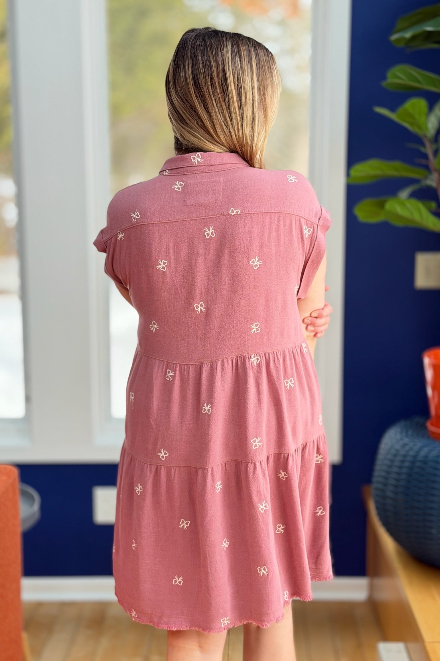 Ribbon Embroidered Shirt Dress - Rose